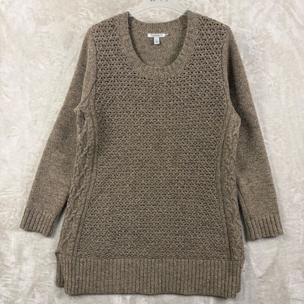 Toad&Co Women L Brown Marled Pointelle Cable Knit Tunic Sweater 100% Lambswool